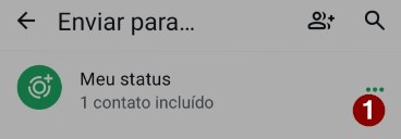 Tela Enviar para do WhatsApp, com o número 1 nos três pontinhos ao lado de Meu status