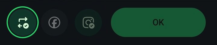 Tela do WhatsApp antes de postar o status, com o ícone de repostar destacado ao lado do Facebook, do Instagram e do botão OK
